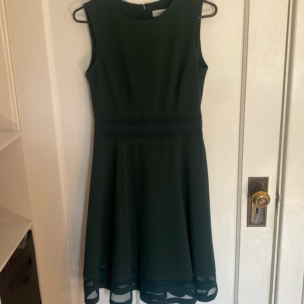 Calvin Klein Illusion-Trim Fit & Flare Dress in Dark Green, size 4.